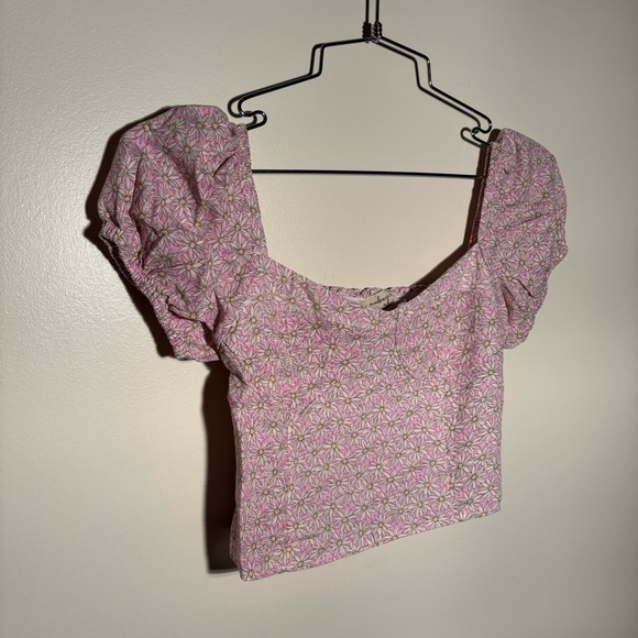 Audrey 3+1 Linen Blend Pink Floral Smocked Crop Top - Picture 1 of 6